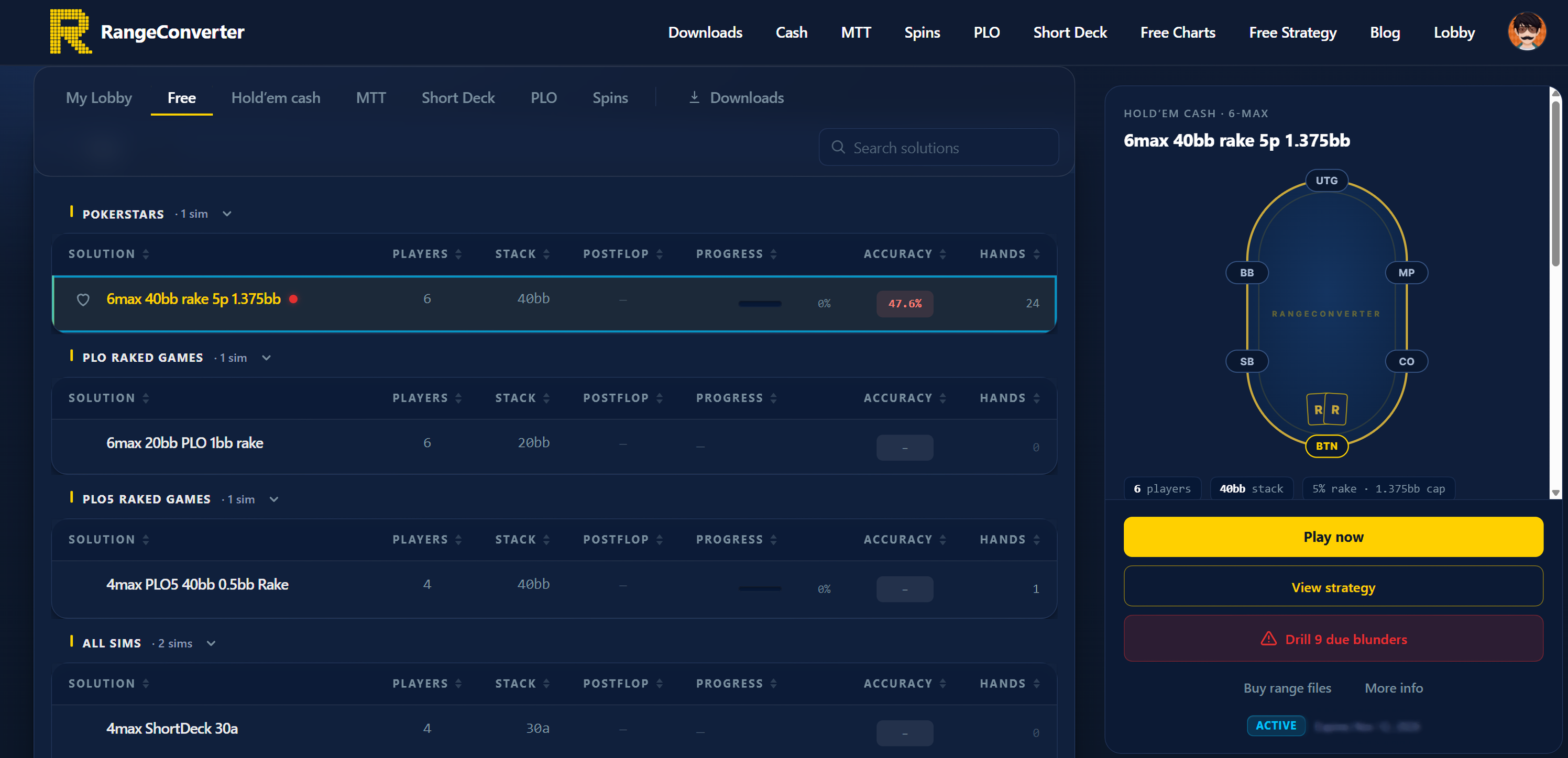 My Lobby Free tab with a Hold'em cash sim selected and its View strategy button