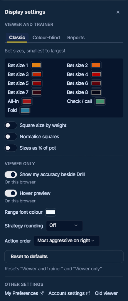 Range Viewer display settings with the colour palette, square size options, strategy rounding and action order